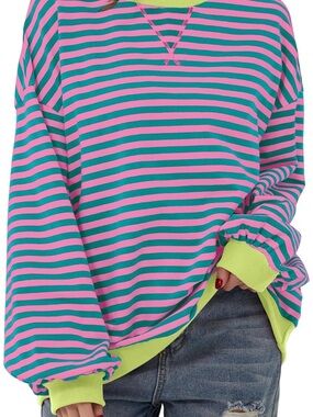 Striped Sweatshirt Women Oversized Color Block Crew Neck Long Sleeve